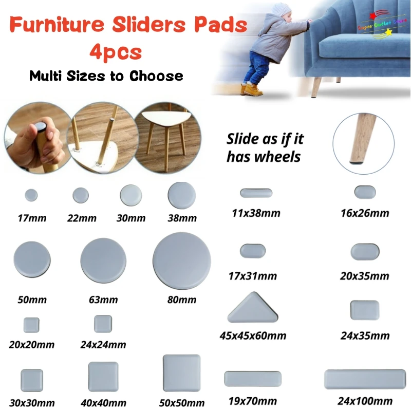 4PcsFurnitureSlidersPadsMovingKitFloorProtectorRubberFeetFelt