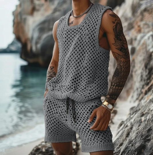 2025 Fashion Spring/Summer New Leisure Vertical Stripe Set Turn-down Collar Fitted Short Sleeve Button Shirt Wool Blend Shorts 5