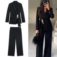 Women's Suit Pants Two-Piece Set Buckle Decoration Long Sleeve Blazer Coat + Straight-Leg Pants 2 Pieces Sets Chic Woman Outfits