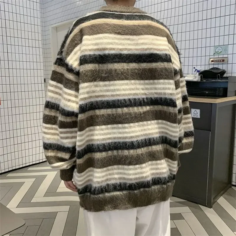 Korean sweater furry round neck men's winter striped contrast color loose versatile trendy brand sweater couple sweater y2k tops