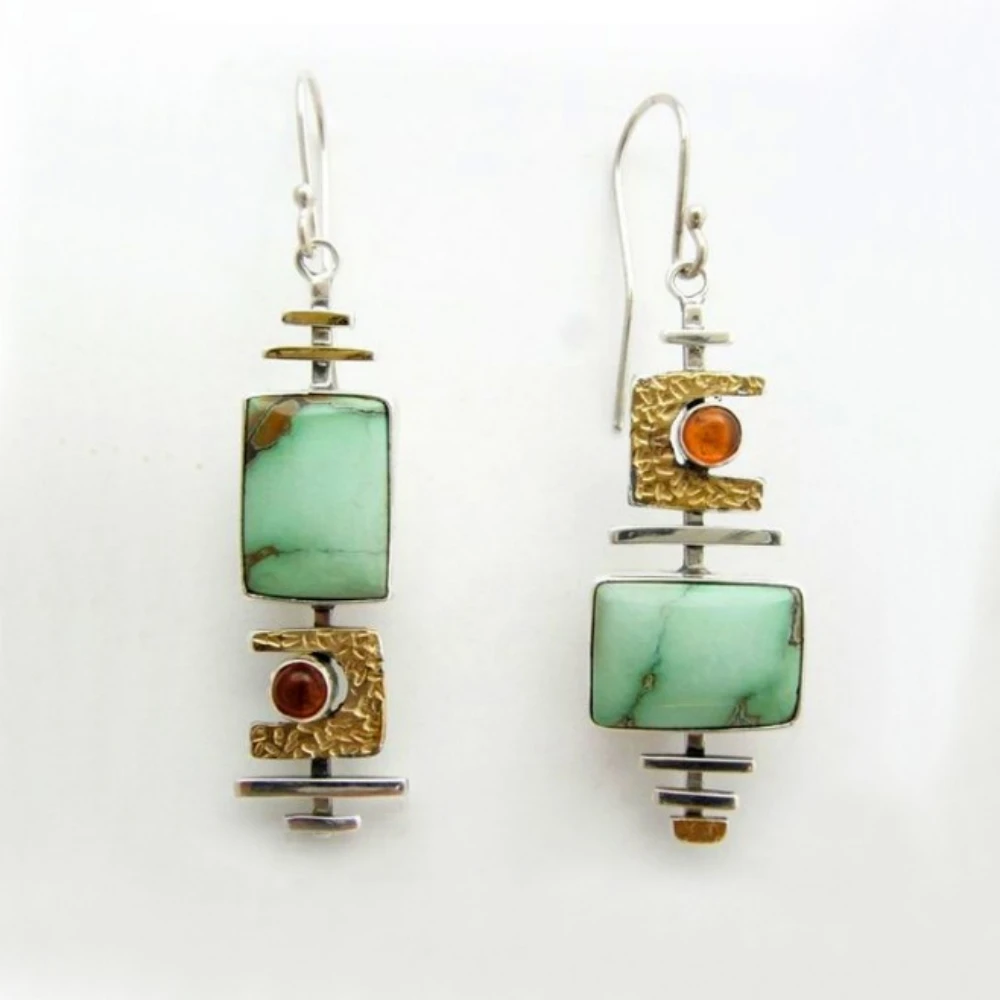 

A pair of creative irregular turquoise inlaid earrings, alloy silver plated couple holiday gift jewelry