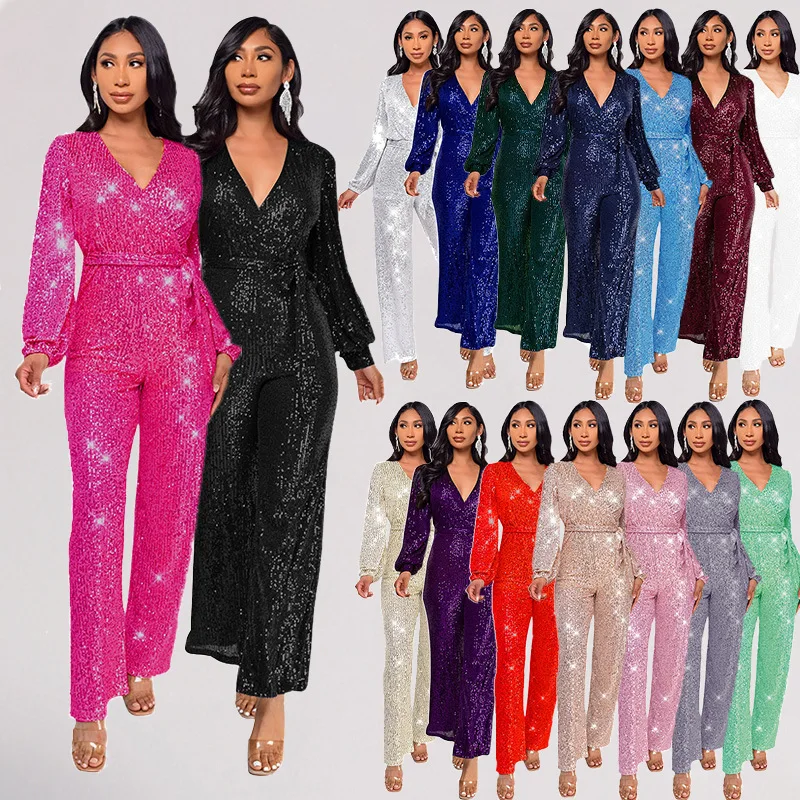 Combinaison de Club à paillettes argentées pour femmes, col en v, élégante, paillettes scintillantes dorées, barboteuse de fête