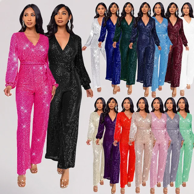 Sliver Bling Bling Sequined Club Jumpsuit Women V-neck Elegant Gold Sparky Sequins Party Romper Overalls