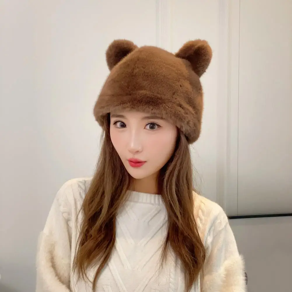 

Women Thick Hat Winter Hat with Soft Plush Ear Decoration Keep Warm Windproof Anti-slip Faux Fur Washable Outdoor Lady Cap Cozy