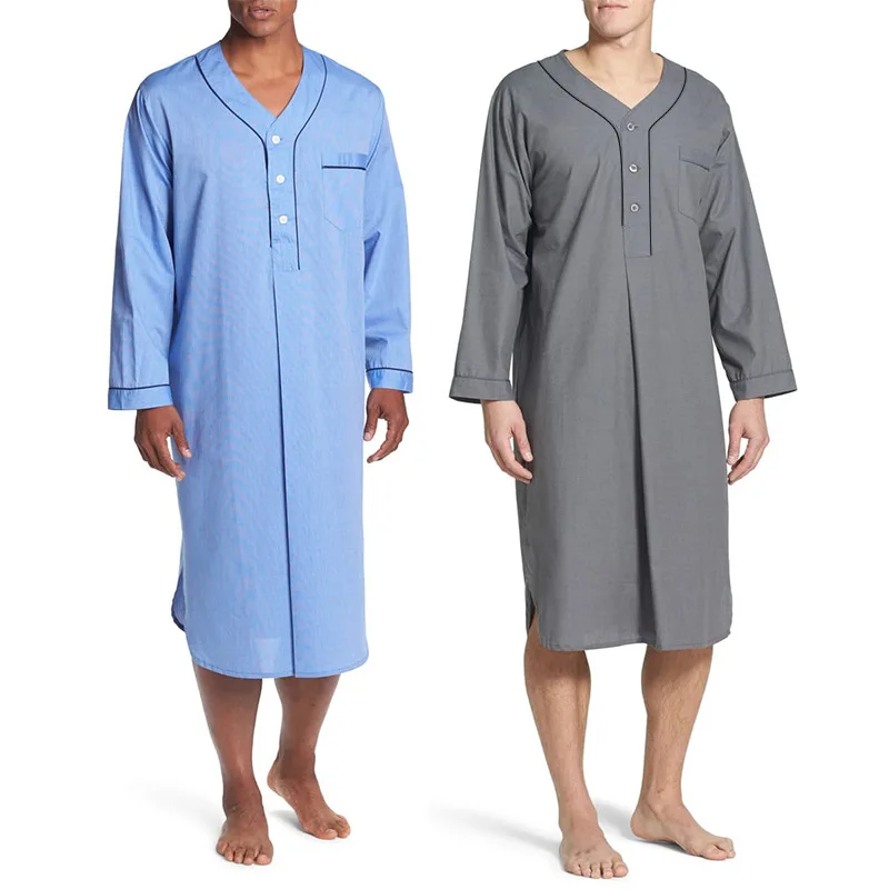 

2023 Spring Muslim Fashion Mid-length Comfortable Loose Solid Color Pajamas Islamic Clothing Men Loungewear V neck Nightdress