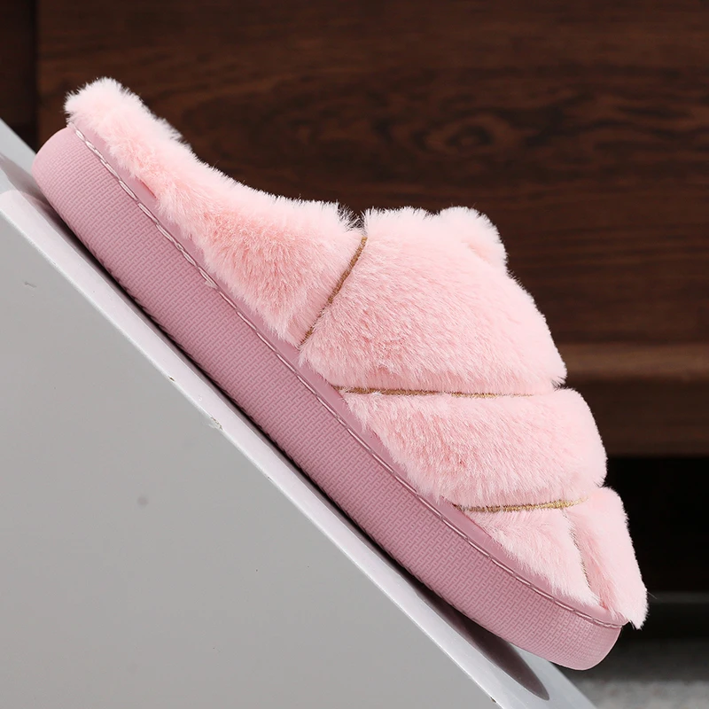 Winter Home Fur Platform Slipeprs for Women Comfort Non Slip Soft Sols Cotton Slides Woman Closed Toe Warm Plush Shoes Feamle