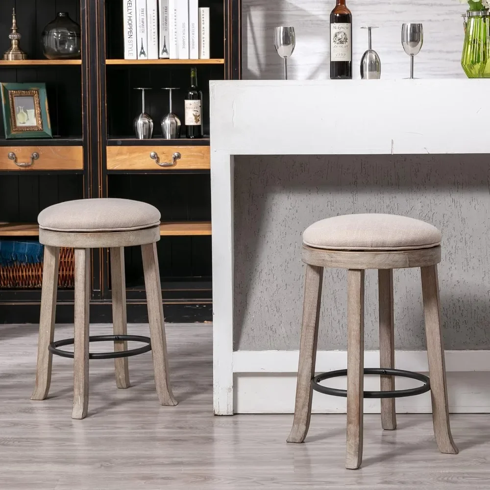Swivel Bar Stools Set of 2, 26&rdquo; Counter Height Stools, Fabric Armless Barstool Rubberwood Legs, Farmhouse Kitchen Island Chair