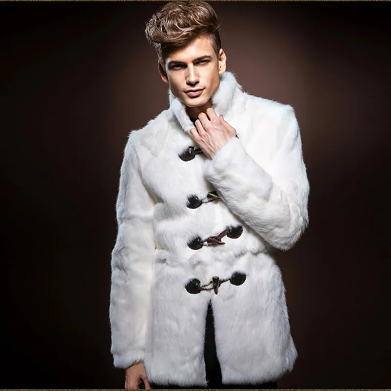 Buttons Faux Fur Coat Men Winter Thick Warm White Fur Coat Long Sleeve Stand-up Collar Jacket Slim Mid-length Outerwear