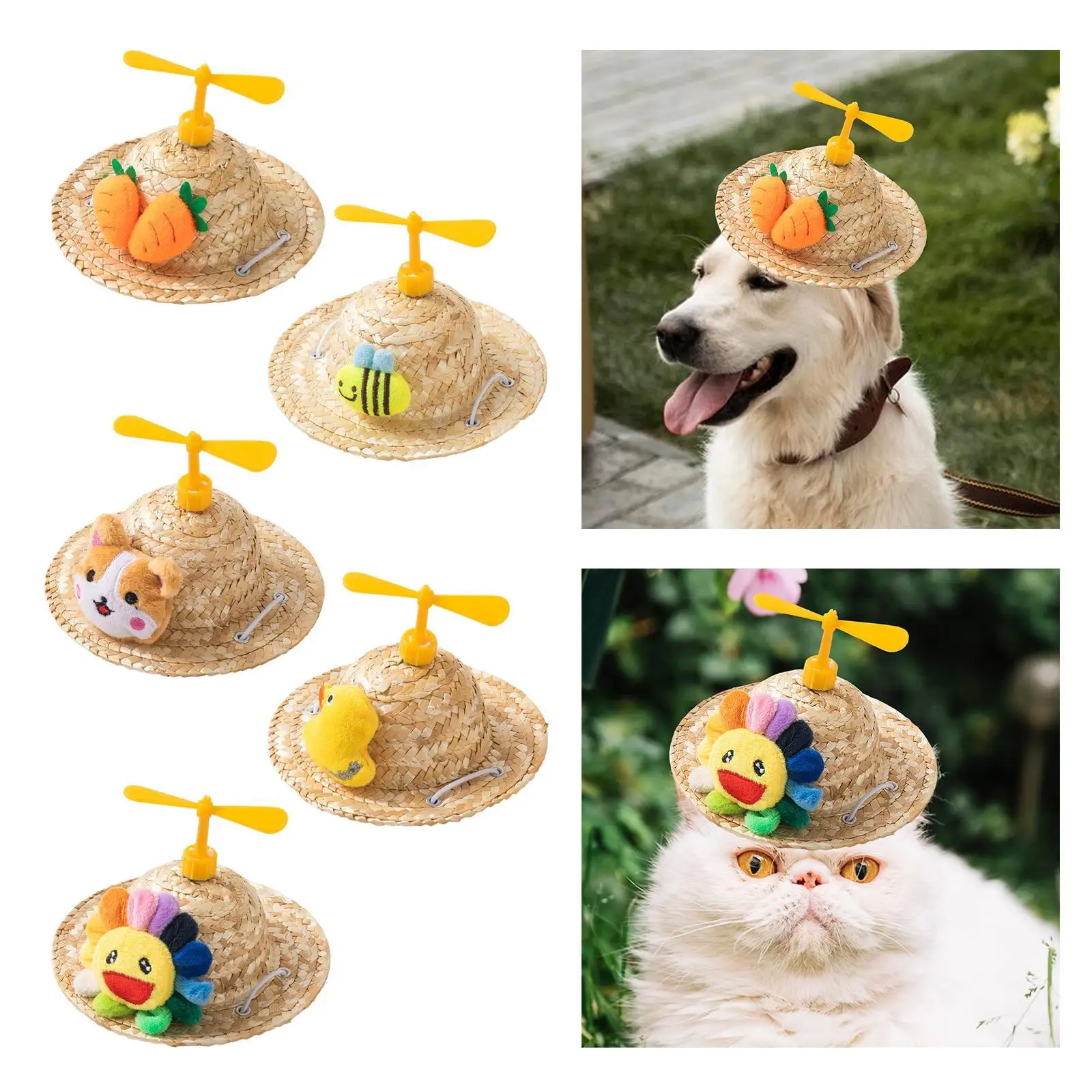Hand Woven Straw Hat Cat Hat Pet Ornaments Sun Protection Dog Hat Costume Accessory Decorative Hat for Summer Outdoor Walking
