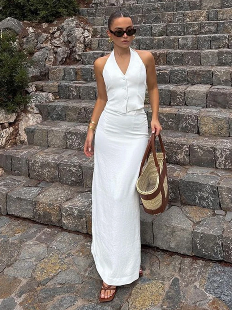 Effortlessly Chic Solid Color Sleeveless Vest And Long Skirts with Pockets Set