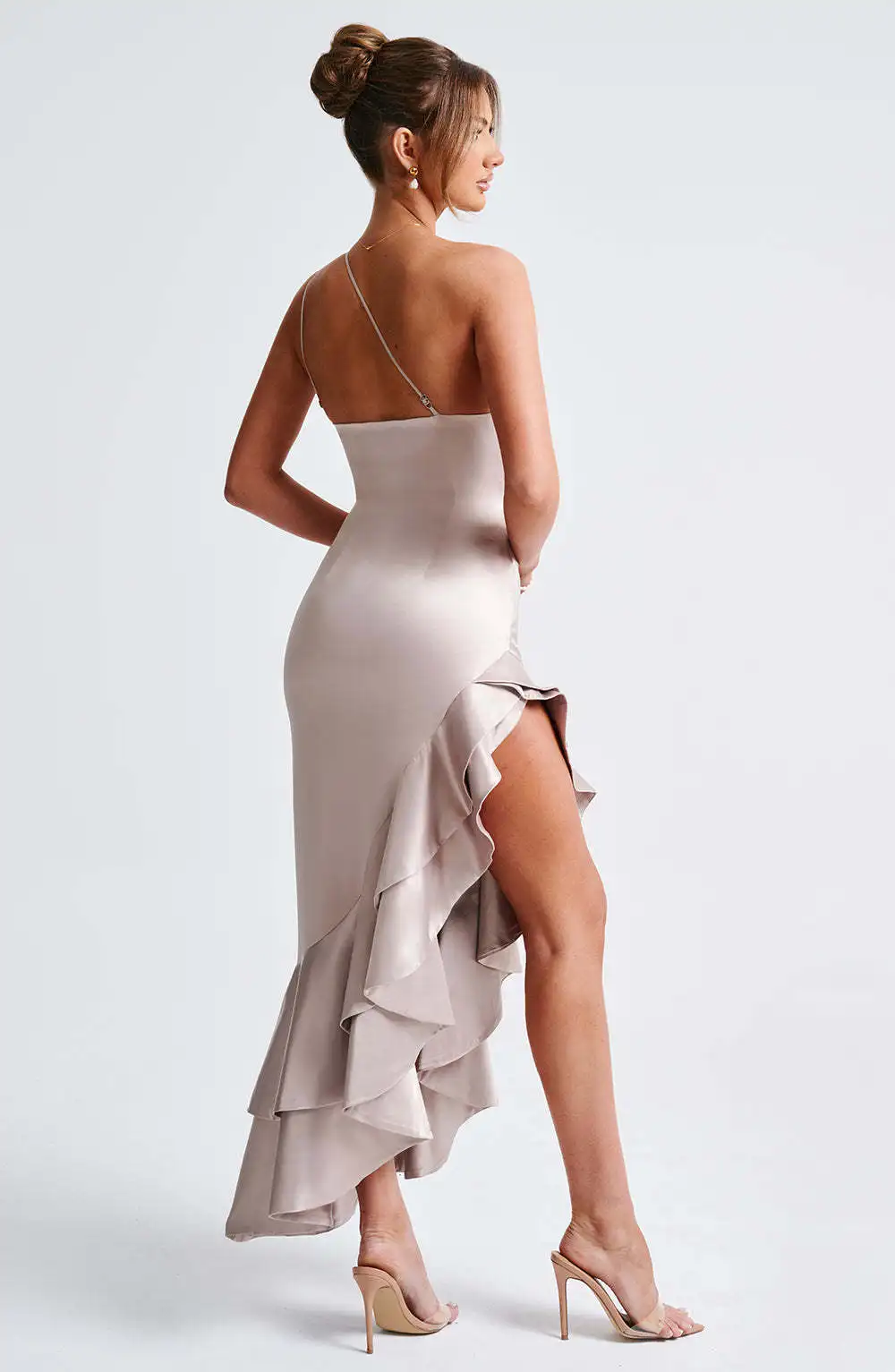 Elegant Satin Sleeveless Bodycon Ruffle Irregular Long Dress Women Sexy Backless Party Evening Dress Autumn New Vestido