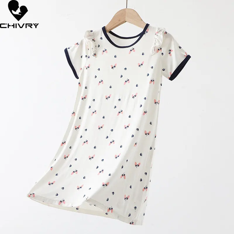 Neue Mädchen Mode Nachthemden Sommer dünne Kurzarm O-Ausschnitt Cartoon Erdbeer Nachtwäsche Baby Mädchen Schlaf kleid Homewear