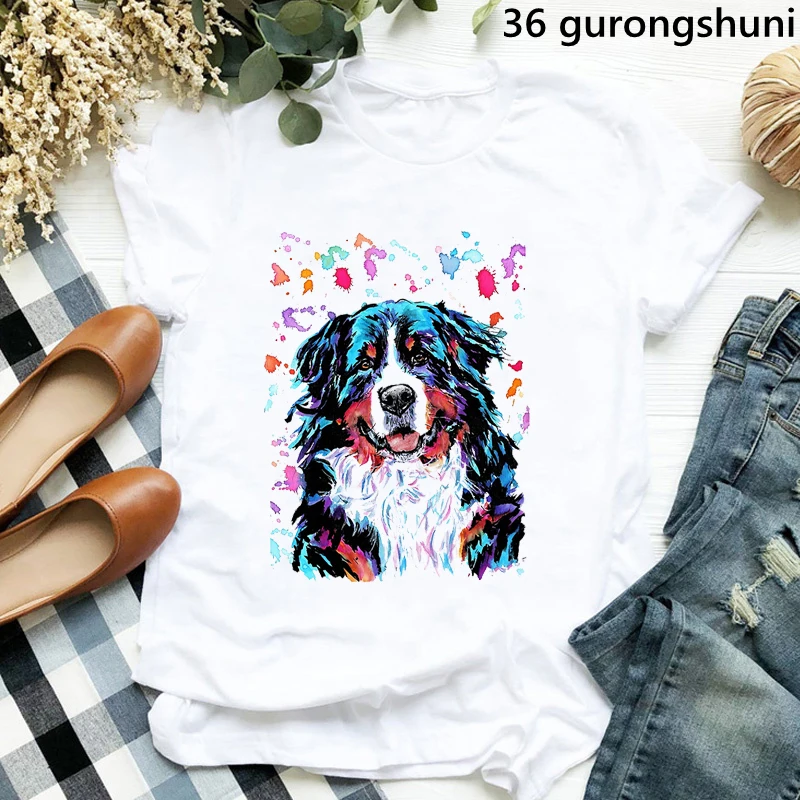 Frieden Liebe Border Collie/Cockerspaniel/Shih Tzu/Bernese/Pyrenäen Druck T-shirt Frauen Lustige Regenbogen Leopard T shirt Mädchen T-Shirt – Detail 13