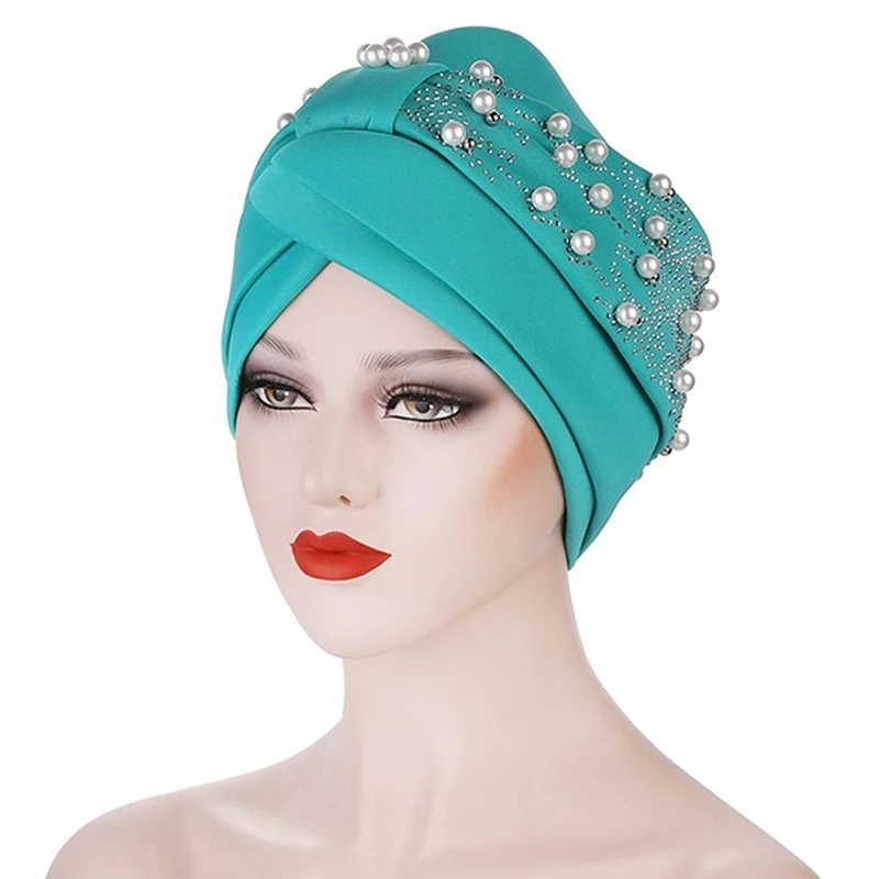 

Ladies Turban Stretch Cloth Head Hats Ladies Hair Accessories Muslim Scarf Hats Drill Nail Pearl Toe Caps