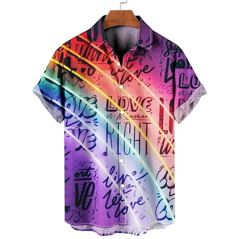 thumbnail image 1 of Camisa de verano de gran tamaño con estampado romántico de arcoíris para hombre, camisetas de manga corta con estampado digital, camisa hawaiana para hombre, 1 of 5