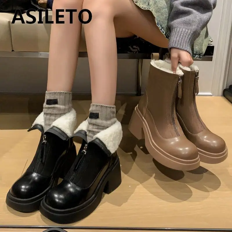 

ASILETO New Genuine Leather Female Ankle Boots Round Toe Thick Heels 8cm Zipper Warm Plush Winter Shoes Casual Retro Snow Bota