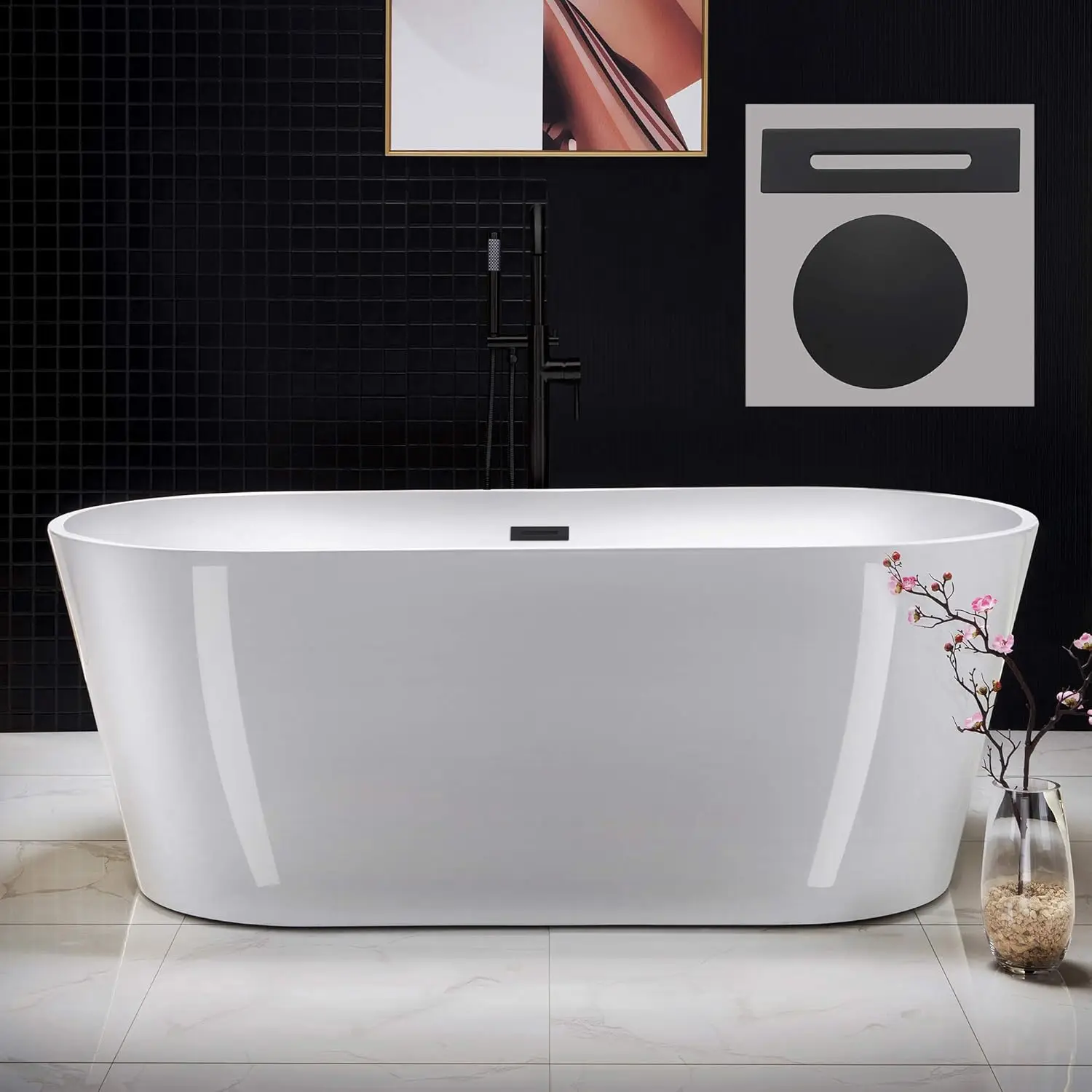 67 inch Acrylic Freestanding Bathtub Contemporary Soaking White Tub with Matte Black Overflow and Drain High quality structure