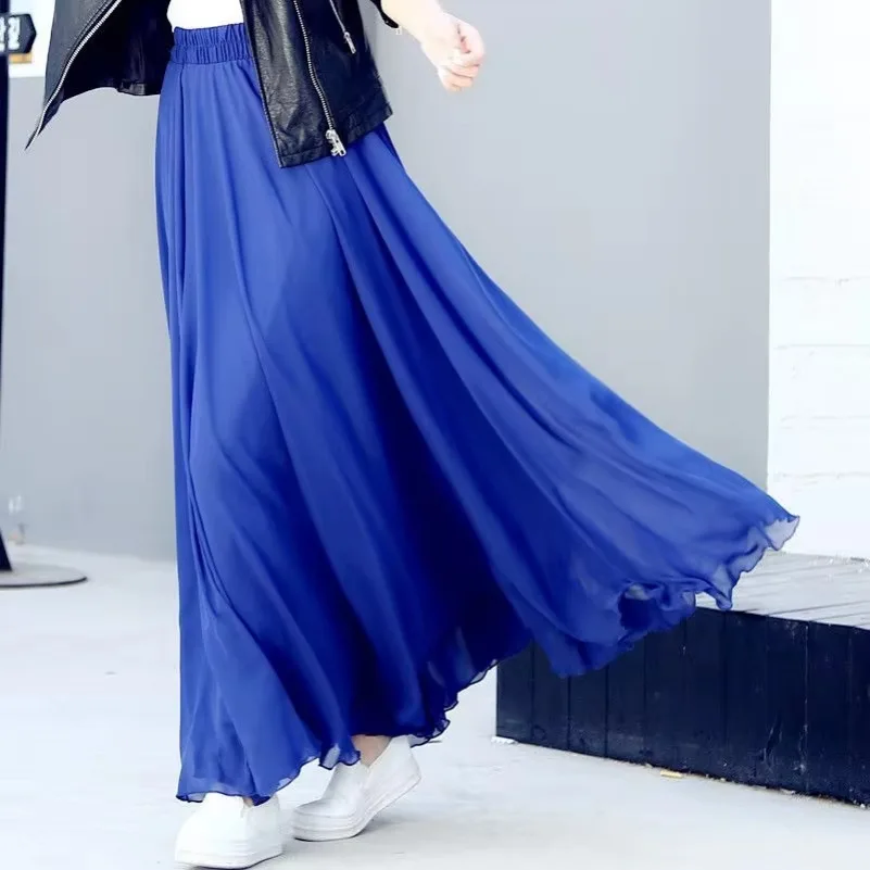 Women Summer Chiffon Dance Skirts Plus Size Full-Length Skirt High Waist Elegant Pink Black Red Royal Blue White Long Skirts 6