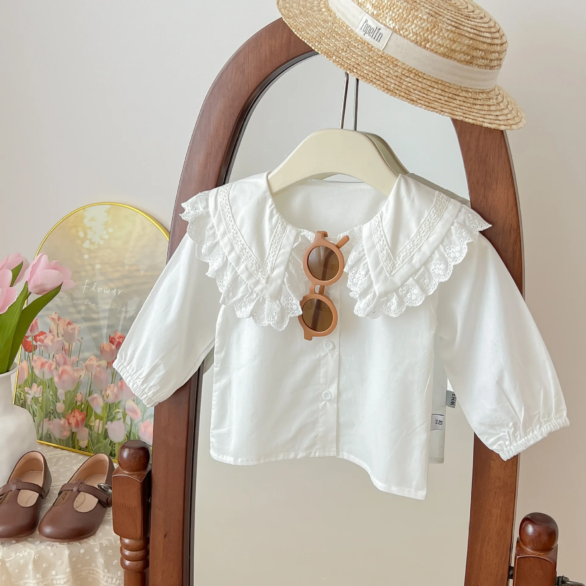 

Spring Autumn Girl's Shirt Blouse for Girls White Blouses Korean Style Casual Long Sleeved Doll Neck Top Shirt Baby Girl Clothes