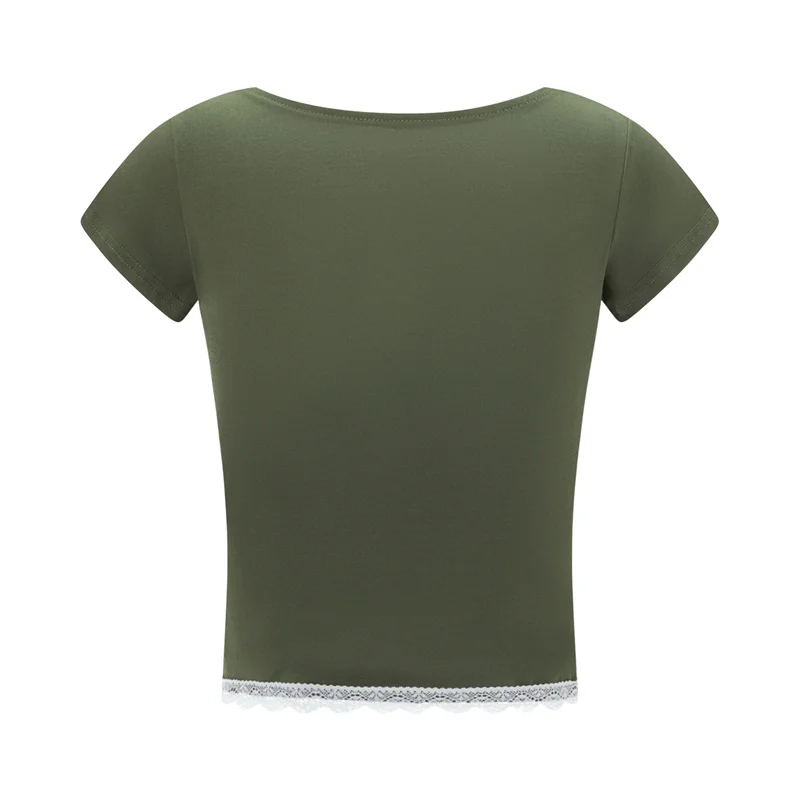 y2k Lace Trim Crop Top Women Sweetheart Neck Short Sleeve T Shirt with Bow Coquette Aesthetic Clothes 2000s Streetwear