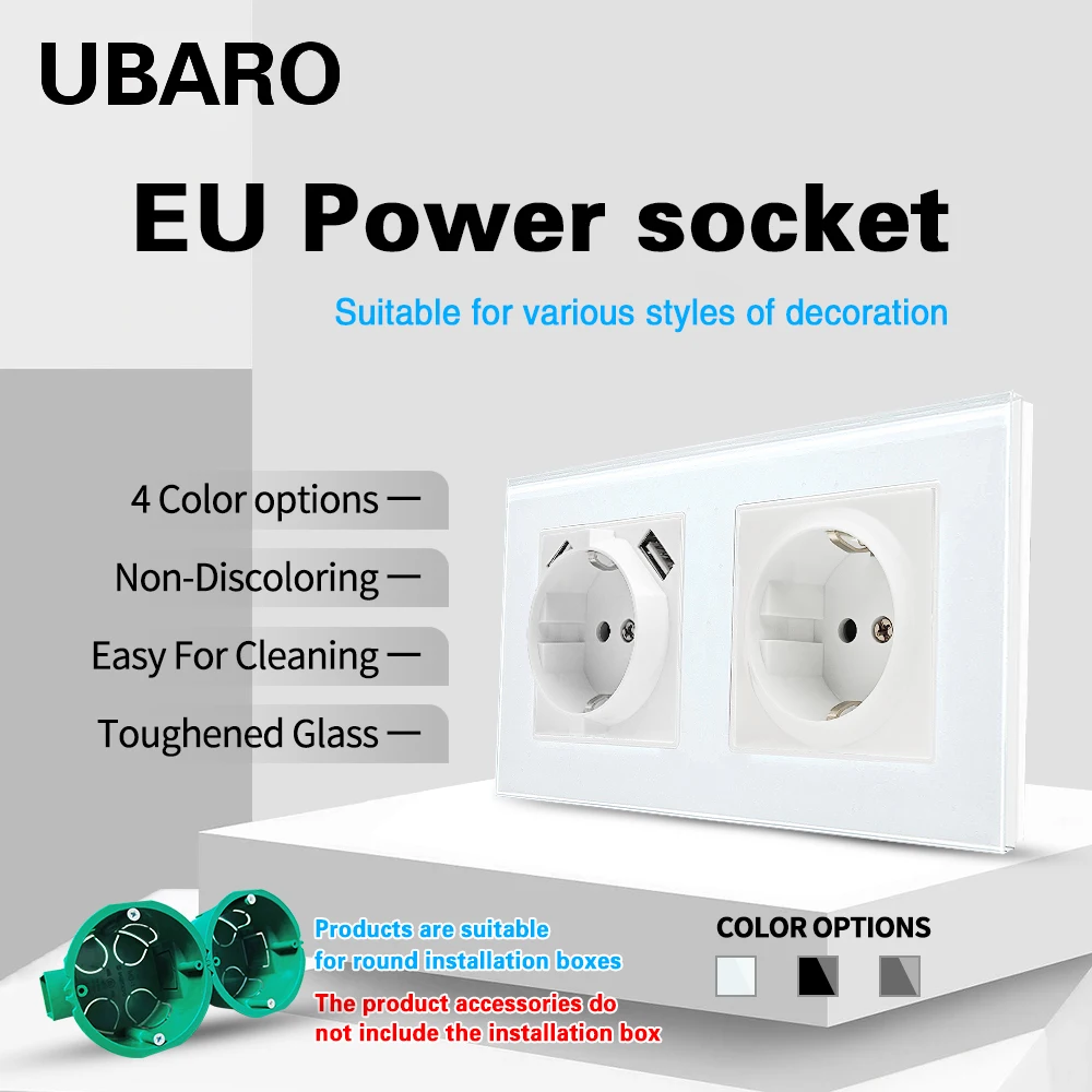 UBARO EU 224*82mm luksusowe szklane Panel gniazdo ścienne wbudowany Socekt nadaje się do okrągłe pudełko rodzaj USB C 5V 2A Home Outlet 250V 16A