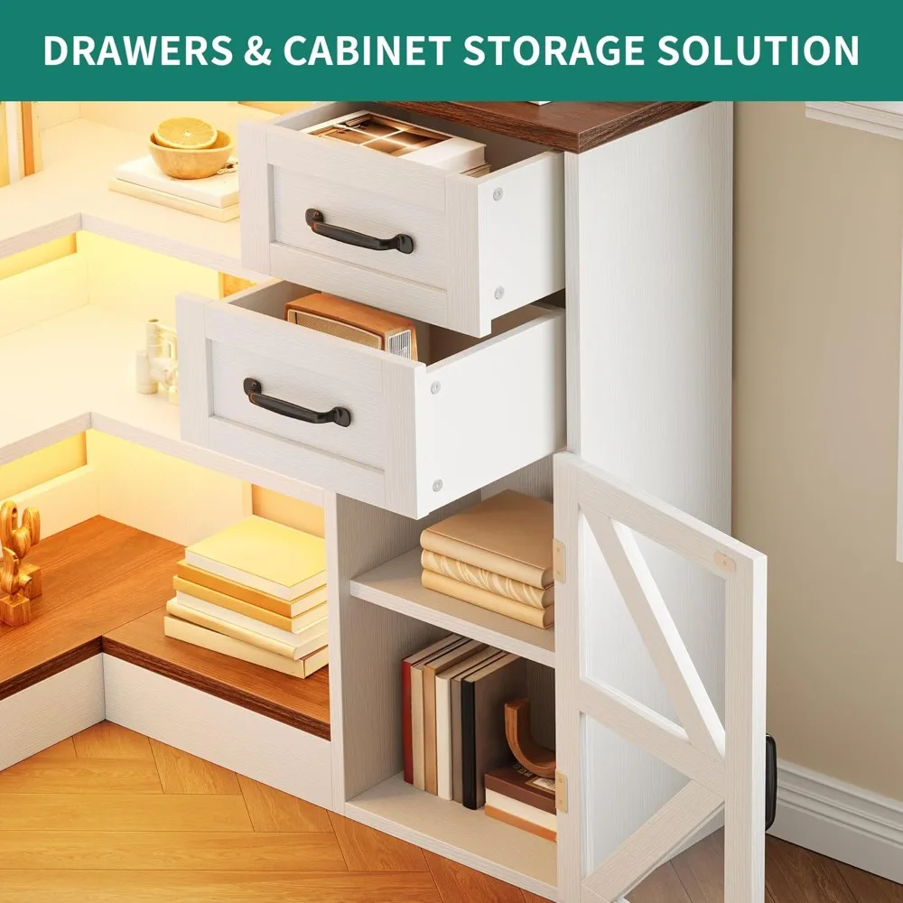 corner bookshelf with storage, farmhouse 6-tier bookshelf with drawers and cabinets, l-shaped bookcase led lights corner displa