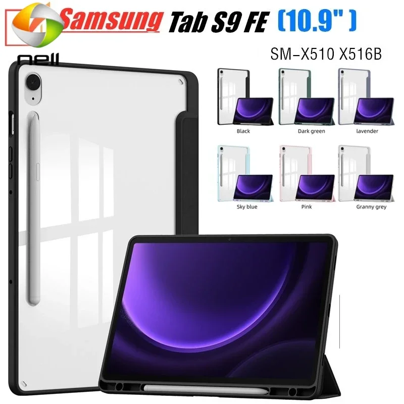 

For Samsung Galaxy Tab S9 FE 10.9 SM-X510 SM-X516B Folio Shell PU Leather Stand Smart Case Acrylic Back Cover With Pen Holder