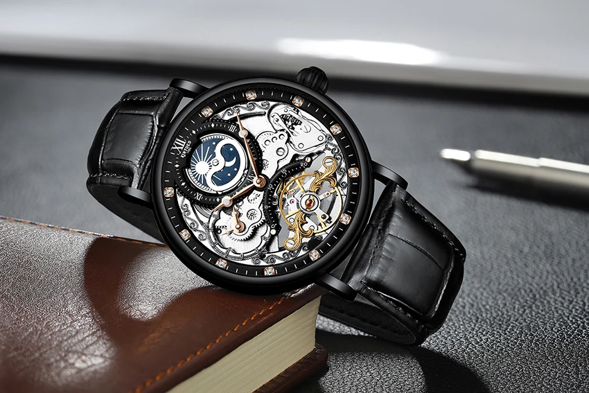 KINYUED Waterproof Mens Tourbillon Skeleton Watches Top Brand Luxury Transparent Mechanical Moon phase Sport Male Wrist Watches