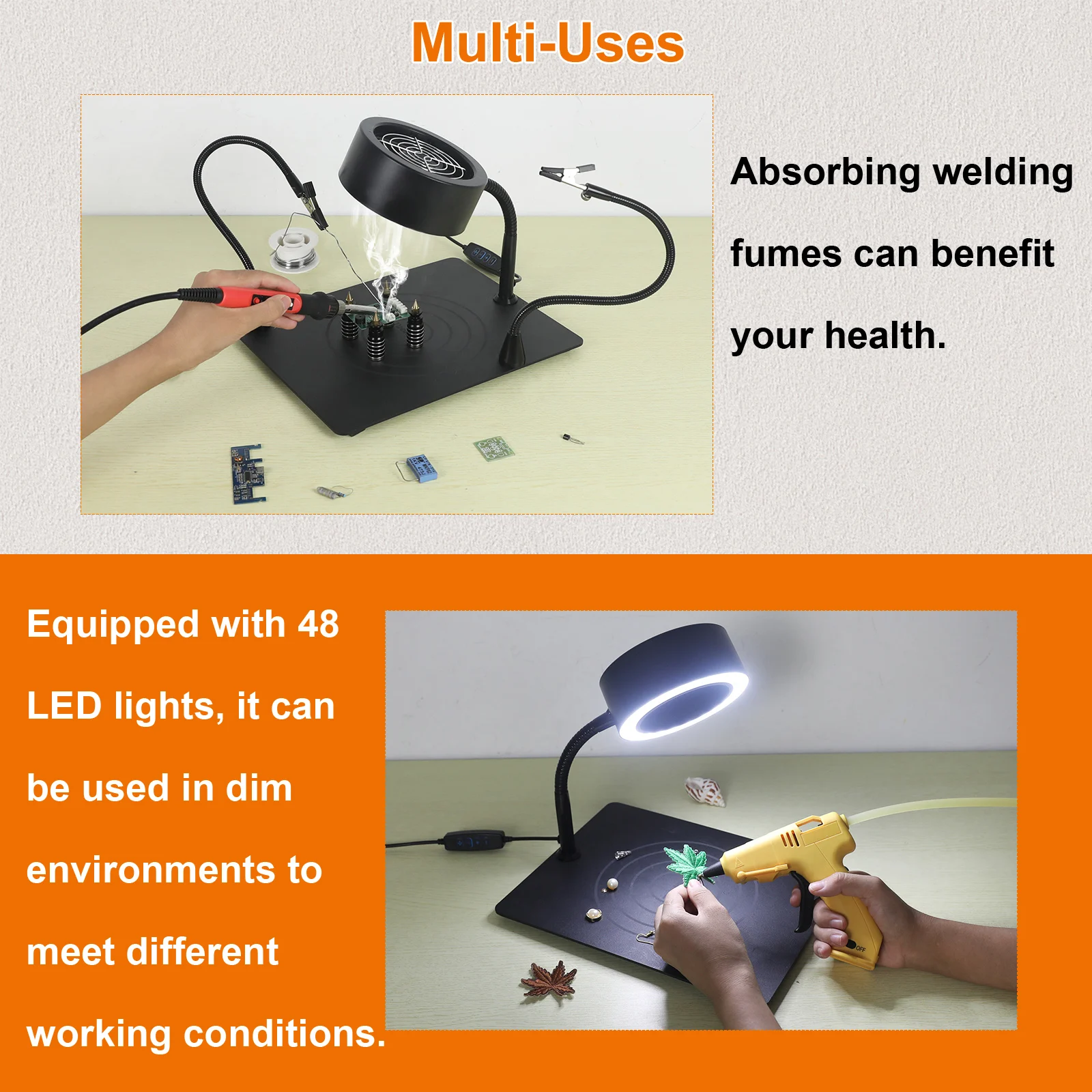 Toolour 12W Welding Smoking Device with 3 Color LED Light 4 Flexible Arms 4 PCB Holder Welding Workbench for Solder Repair