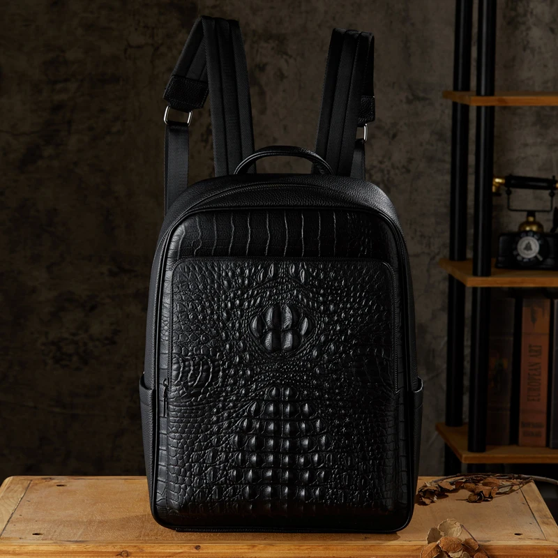 Fashion Genuine Leather Backpack Men Alligator Pattern Cowhide Leather Knapsack High  Quality Rucksack Large Space Laptop Bag