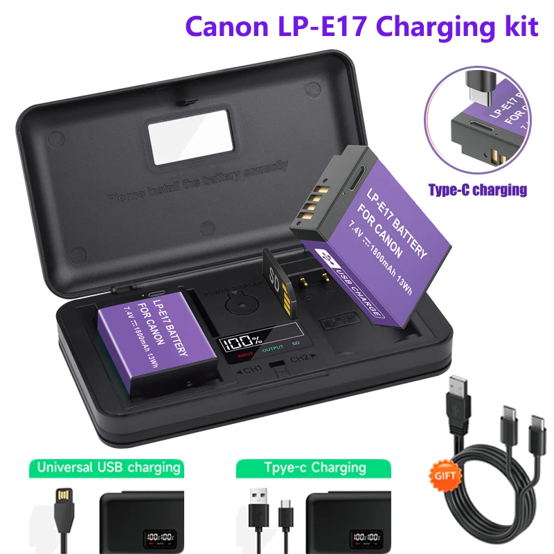 LP-E17 Battery Type-C Input Rechargeable Battery Camera Battery Rechargeable Battery Charger Camera Battery Charger For Canon EOS 200D M5 M6 750D 760D T6i T6s 800D RP Kiss X8i with LCD Charger Case
