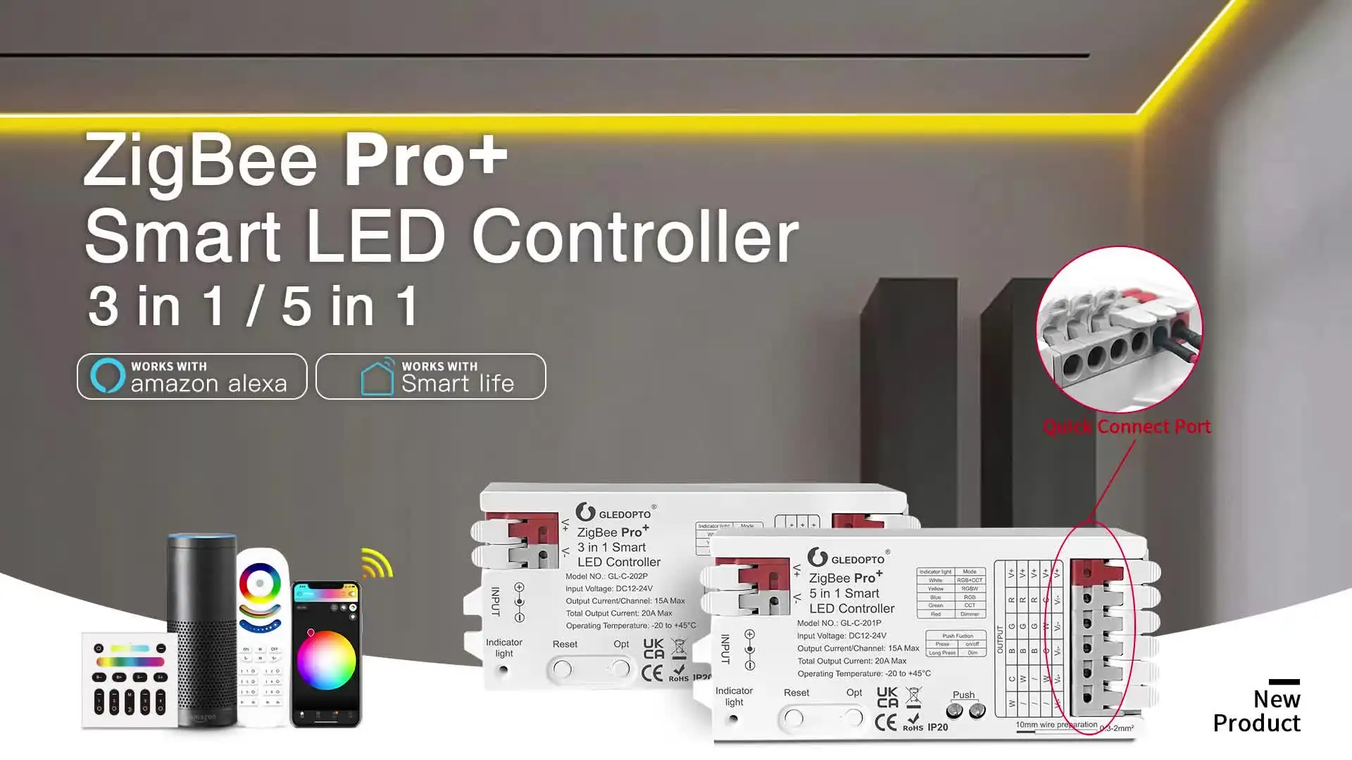 GLEDOPTO ZigBee 3.0 Pro+ 5 in 1 LED Strip Controller 20A Max RGBCCT/RGBW/ RGB/CCT/Dimmer Alexa Homey Tuya Smart APP Voice Control | Singapore