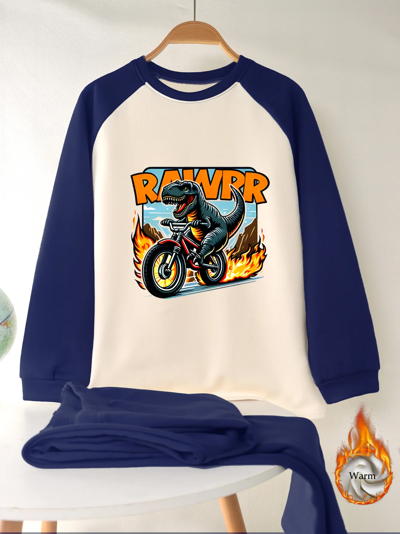 Adolescent Automne Hiver chaud sous-v&ecirc;tements set dinosaure moto lettre imprim&eacute; manches longues doux en duvet hiver Undershirt