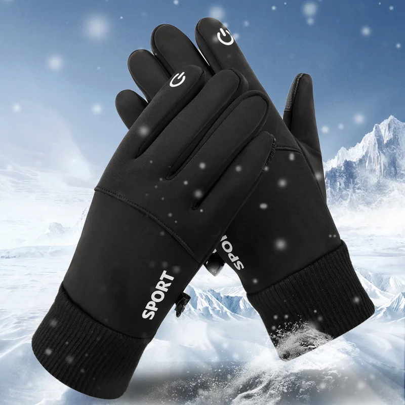 

2024 New Black Winter Warm Full Fingers Waterproof Cycling Outdoor Sports Running Motorcycle Ski Touch Screen Fleece Gloves