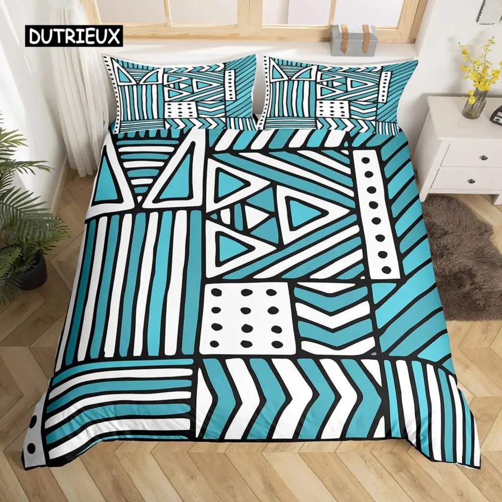 

Geometry Duvet Cover Set King Blue White Black Triangle Striped Bedding Set Polyester Vintage Hand Drawn Bold Stripe Quilt Cover