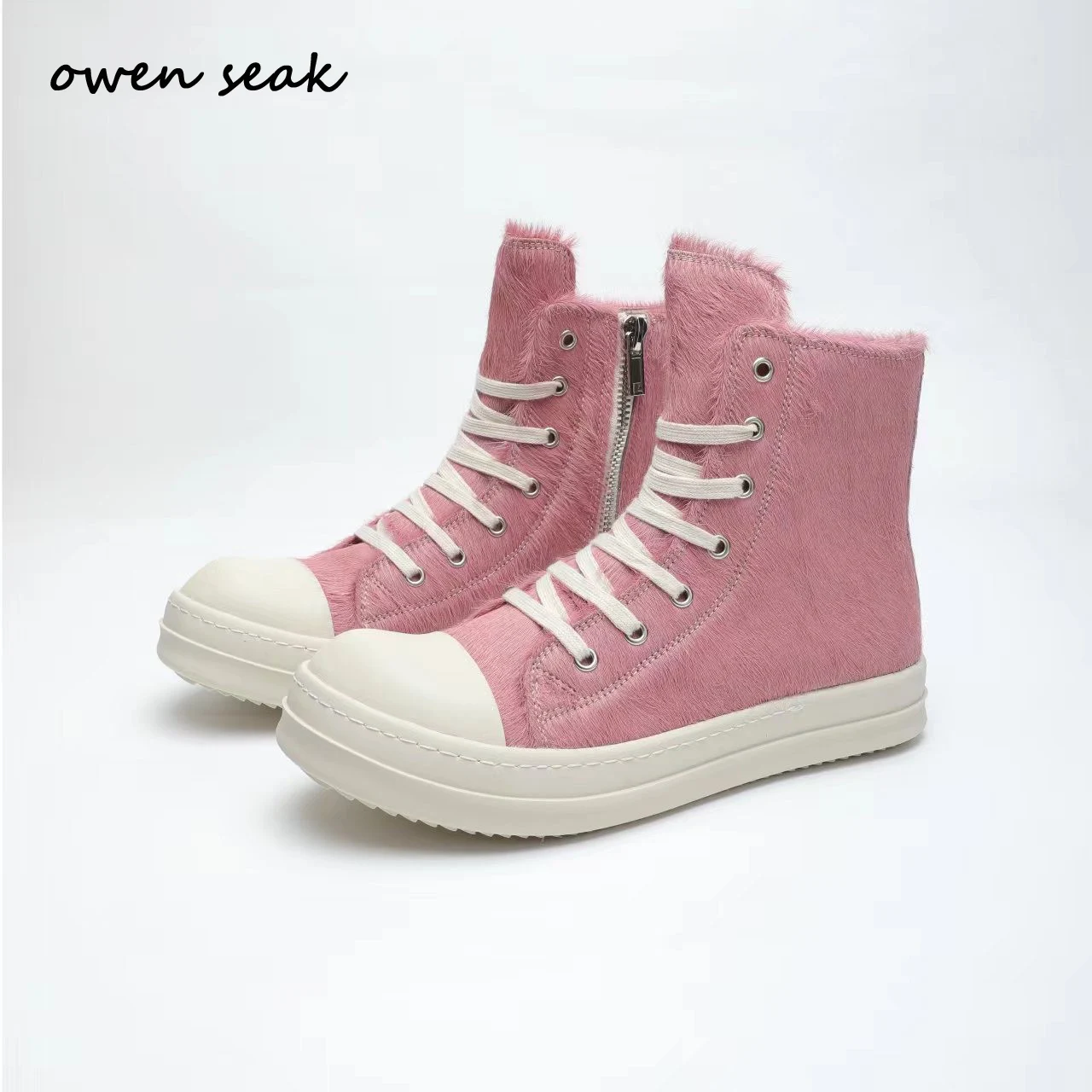 

Owen Seak Women Motorcycle Boots Horse Hair Leather Men High-TOP Mid-Calf Winter Riding Lace Up Casual Zip Flats Pink Shoes