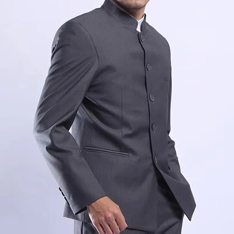 Chinese Style Men Gray Tunic Suit Jacket Stand Collar Single Breasted Business Casual Male Blazers