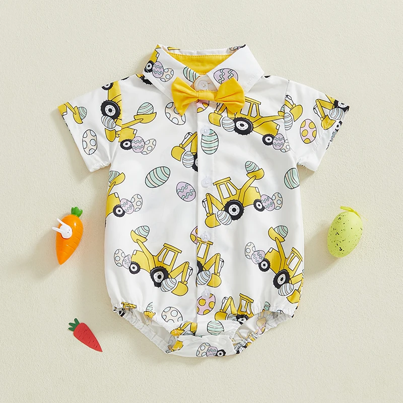 Baby Boys Easter Jumpsuit Short Sleeve Lapel Egg Excavator/Bunny/Bunny Egg Print Romper with Bow Necktie 2