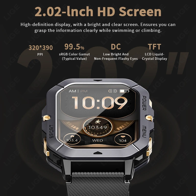 LIGE Smart Watch 2.02 Inch HD Large Screen 410mAh Men Outdoor Sports Wristwatch Bluetooth Call Health Monitor Women Smartwatch