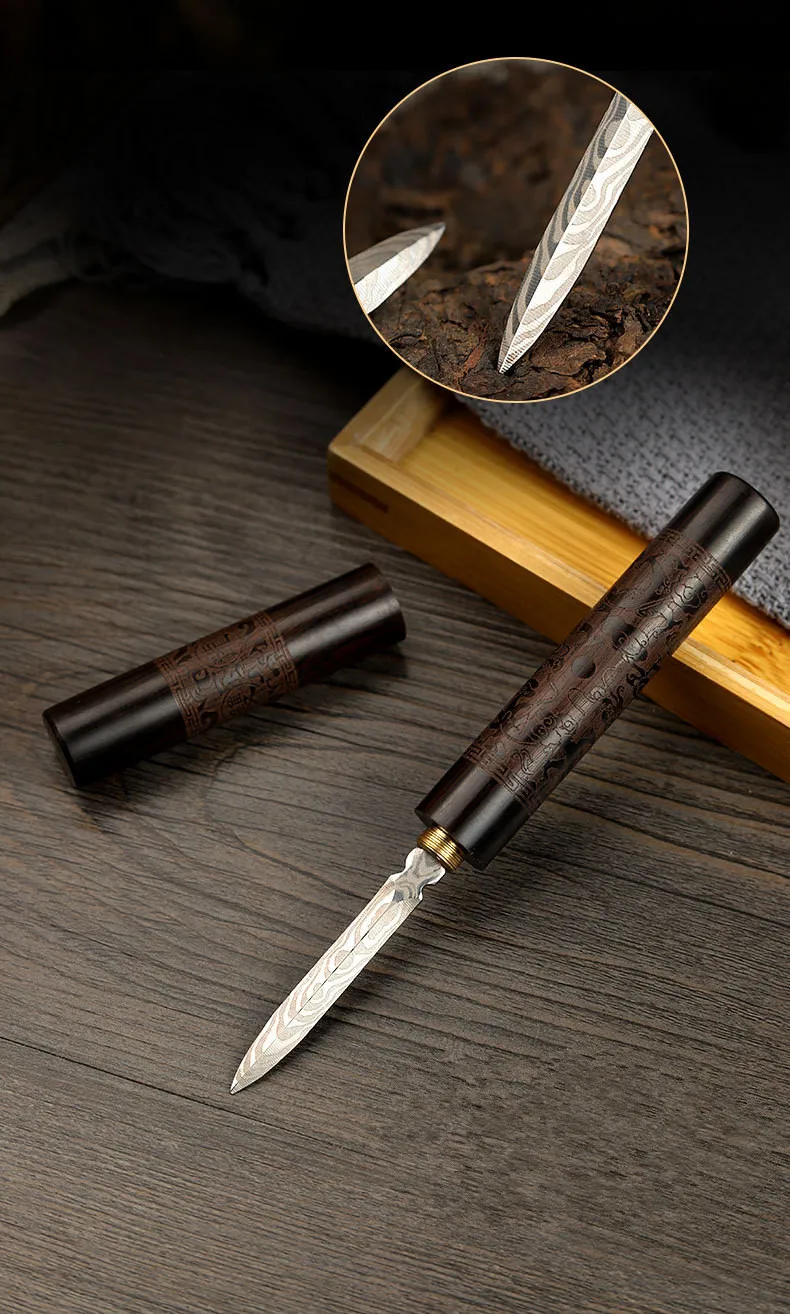 Damascus Pattern Steel Tea Needle Carved ebony Pu'er tea knife pattern steel black tea needle For ceremony spare parts 1Pcs