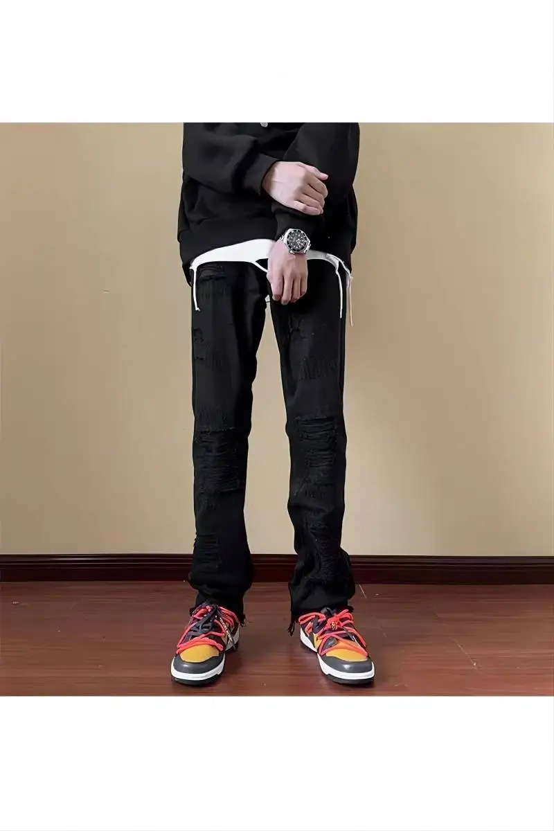 Jeans men's ripped pants American high street trendy slim fit versatile straight leg micro flared pants men 5