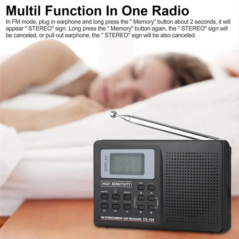 베스트셀러 미니 라디오 FM/AM/SW/LW/TV 사운드 풀 밴드 수신기 포켓 휴대용 알람 시계 스테레오 라디오 (3.5mm 이어폰 포함)