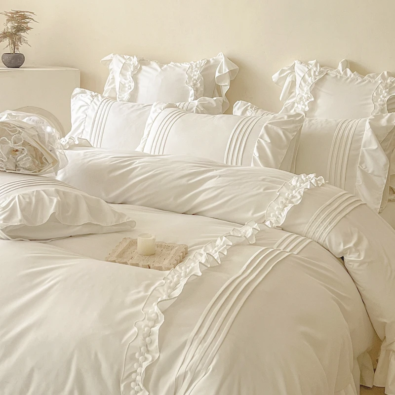 Korean Princess Style Lace Ruffles Bedding Set Solid Color Duvet Cover Set Flat/Fitted Bed Sheet Pillowcases With Pillowcases 2