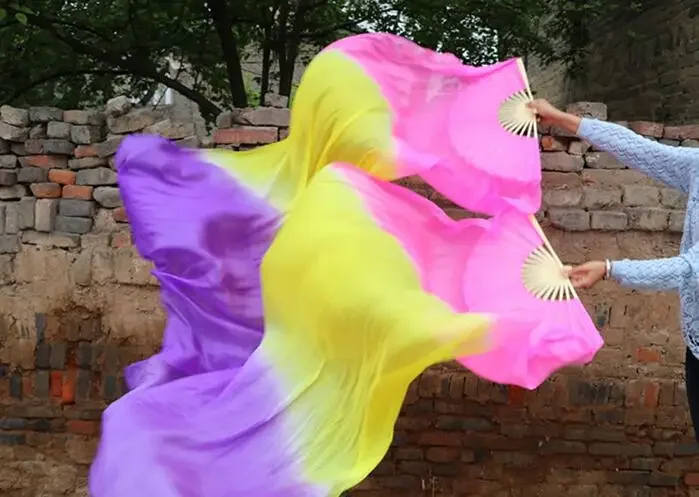 맞춤형 실크 팬 베일 접이식 긴 팬 배꼽 Dace 무대 공연 소품 보라색 핑크 그라디언트 Bellydance 의상 그라디언트