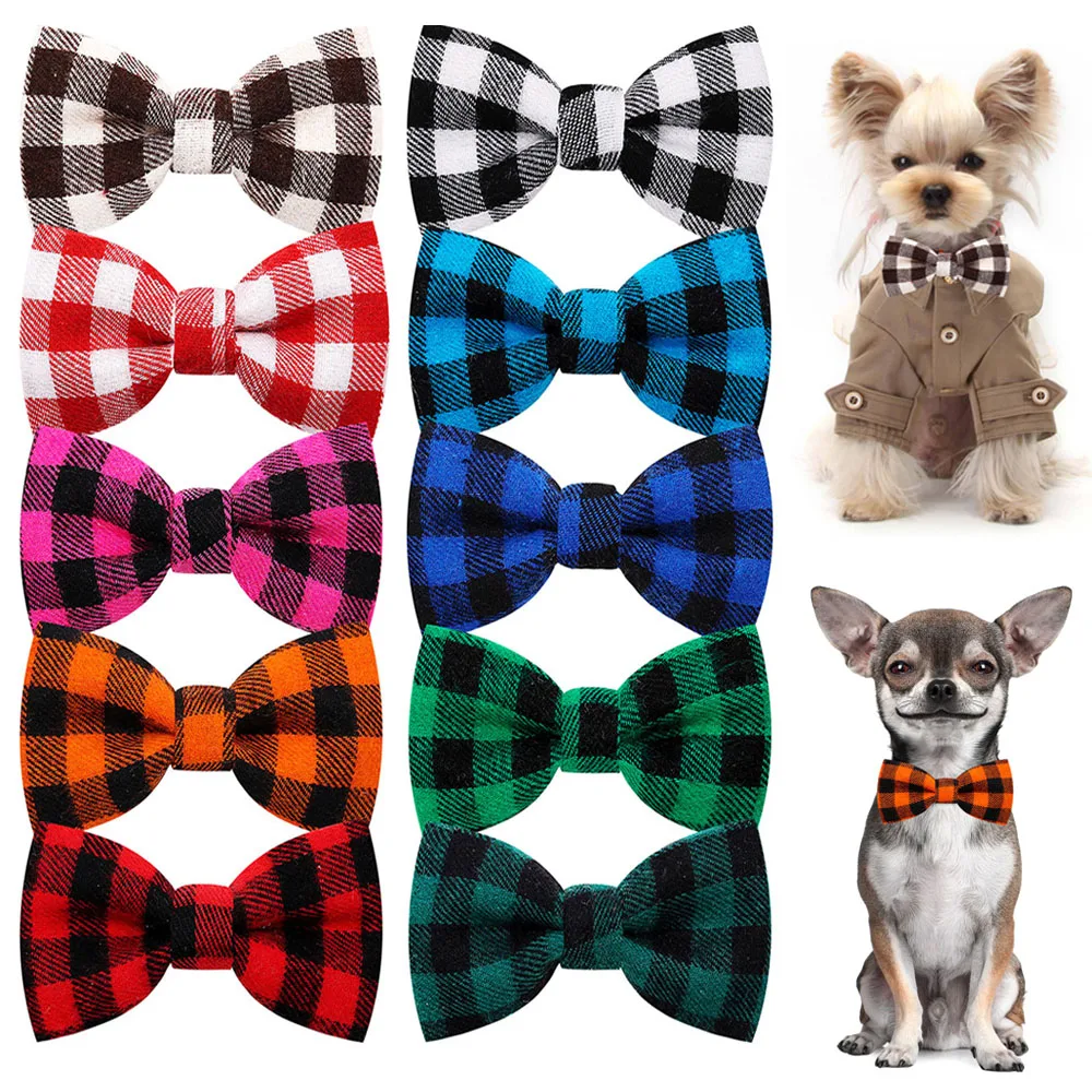50pcsCottonGlaidDogBowtieSlidingPetDogCollarBowBulkSmallDog
