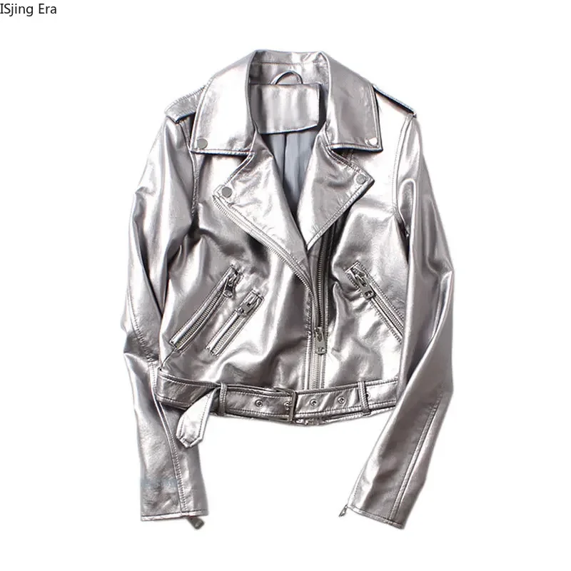 цена 2023 New Silver Women's PU Wash Motorcycle Leather Coat Belt Leather Jacket Coat M5