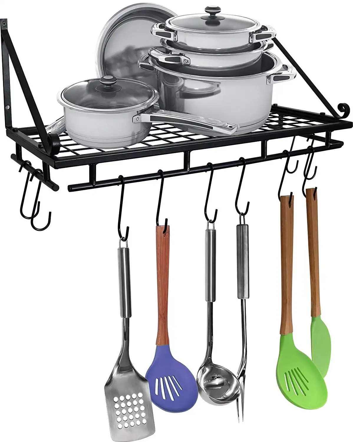 

GreenCo Wall Mounted Pot and Pan Organizer Shelf with 10 Hooks