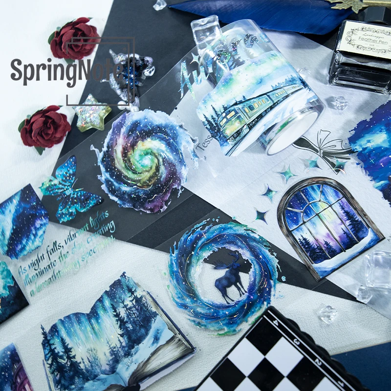 2m Holographic Silvery Transparent PET Masking Tape Blue Aurora Decorative Tape For Card Making Scrapbooking Journal  Loop:100cm 2
