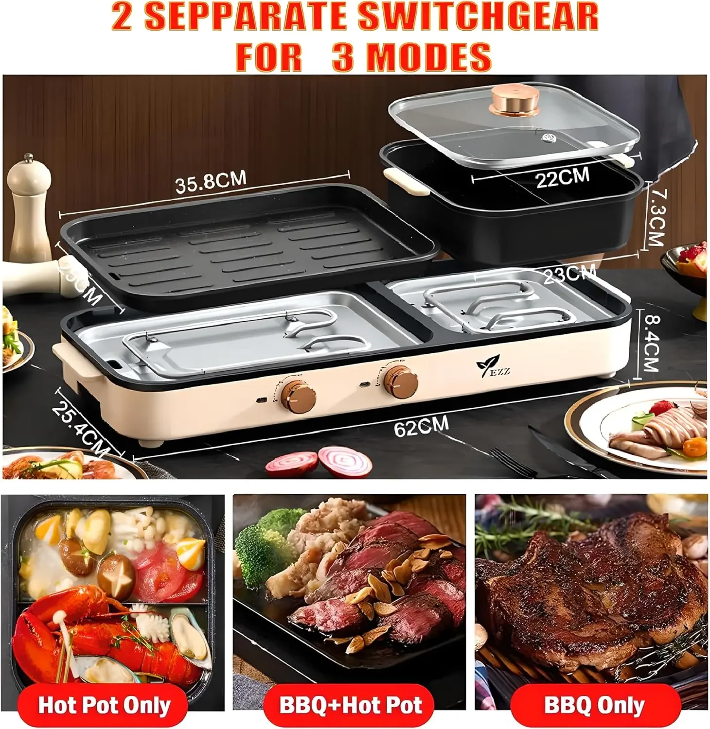 Hot Pot with Grill,Indoor Hot Pot 2 in 1 Multi-function Smokeless Shabu-Shabu Hotpot Korean BBQ Grill for Simmer,Separate Dual T 3