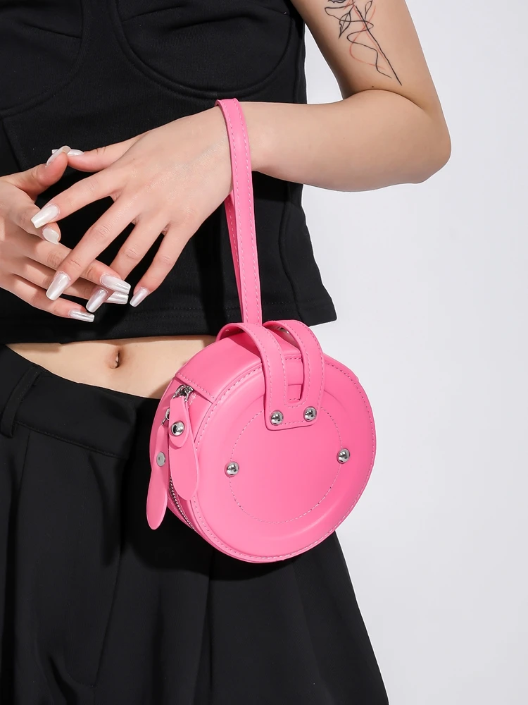 

Розовая мини-сумка из искусственной кожи, новинка 2023, женская маленькая Изысканная индивидуальная портативная Сумочка, модная уличная женская маленькая круглая сумочка, трендовая